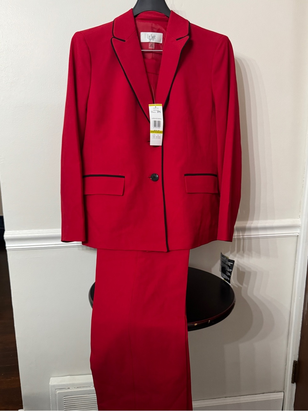 Le Suit Red Women's Blazer & Matching Pants with Black Trim